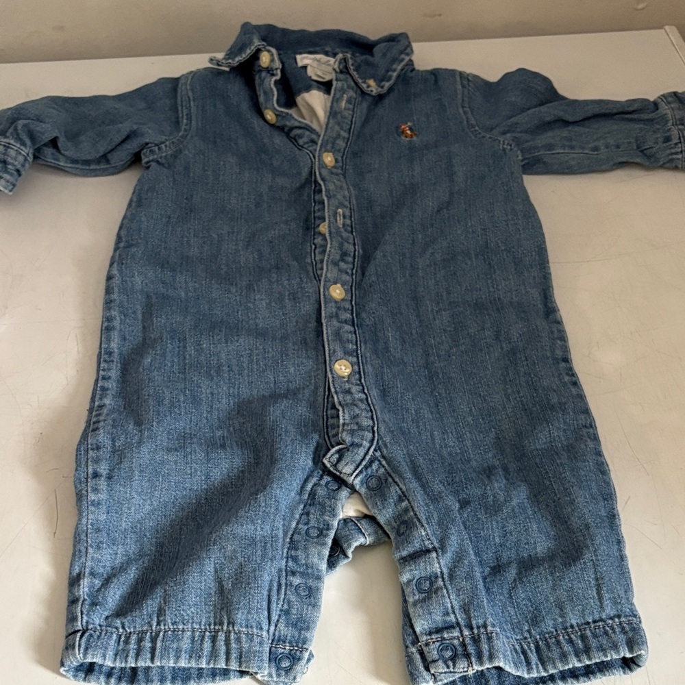 Ralph Lauren Baby Denim Romper in Faded Blue